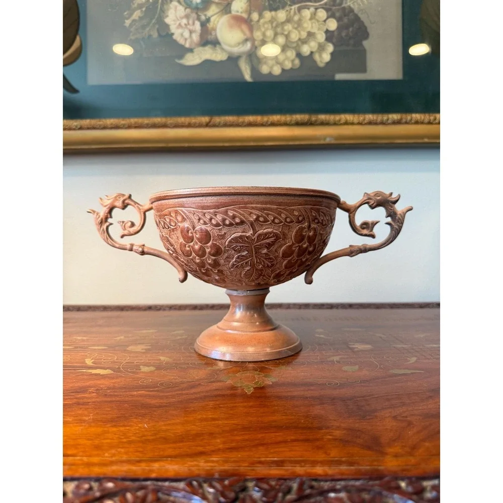 Vintage Copper-Tone Pedestal‎ Bowl with Dragon Handles